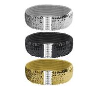 KRYMSON Lot de 3 ceintures élastiques à paillettes pour femme - Ceinture à paillettes miroir - Ceinture à paillettes rétro - Ceinture personnalisée pour femme, Noir, or, argent., 54