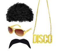 KRYMSON - Lot de 4 vêtements hippie des années 70 pour homme, perruque afro, moustache, collier avec pendentif, lunettes de soleil pour carnaval, festivals de musique et fêtes