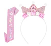 KRYMXAR Couronne d'anniversaire pour fille, décoration d'anniversaire fille de 6 ans, 2 pièces couronnes d'anniversaire fille, couronne de 6 ans d'anniversaire avec fleurs roses