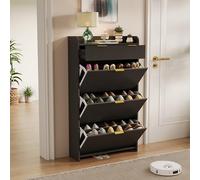 KRYZOR Armoire à chaussures avec 3 rabats et 1 tiroir, rangement de 15 à 20 paires de chaussures, étroit, avec étagères réglables, étagère à chaussures, pour entrée, couloir, bois de hêtre (noir, 77,1