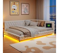 KRYZOR Canapé-lit rembourré, 140 x 200 cm, lit double, avec éclairage LED et fonction de charge USB, avec tête de lit et sommier à lattes, en velours pelucheux, beige