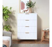 KRYZOR Commode Chambre 4 tiroirs, Commode Blanche 4 tiroirs, Meuble de Rangement, avec Poignées et Pieds dorés, Commode Rangement, pour Chambre à Coucher, Salon (34x60x90 cm)