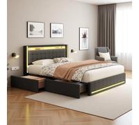 KRYZOR Lit 140x200 avec Sommier LED et USB, Cadre de Lit Double rembourré avec 4 Tiroirs, Tete de Lits avec Rangement, Lits 2 Personnes pour Adultes et Adolescents, Lin (Gris, 140x200 cm)