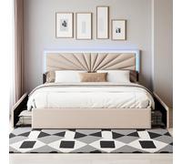 KRYZOR Lit 160x200 avec Sommier LED, Cadre de Lit Double rembourré avec 4 Tiroirs, Tête de Lits Réglable en Hauteur, Lit's Fille, 2 Personnes pour Adultes et Adolescents, Lin (Beige, 160x200 cm)