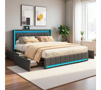 KRYZOR Lit 160x200 avec Sommier LED et USB, Cadre de Lit Double rembourré avec 4 Tiroirs, Tete de Lits avec Rangement, Lits 2 Personnes pour Adultes et Adolescents, Lin(Gris, 160x200 cm)