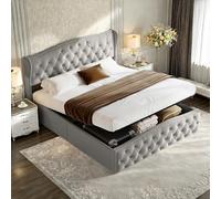 KRYZOR Lit à sommier tapissier 160 x 200 cm, lit double rembourré, avec espace de rangement, cadre de lit rembourré avec sommier à lattes, décoration rivets, pour adolescents et adultes, gris, velours