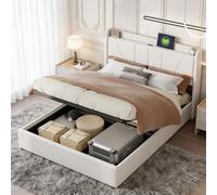 KRYZOR Lit capitonné, 140 x 200 cm, avec coffre de lit, hydraulique, avec LED et USB, avec espace de rangement caché dans la tête de lit, cadre de lit moderne avec sommier à lattes, beige B, pas de