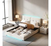 KRYZOR Lit capitonné, 140 x 200 cm, avec coffre de lit, hydraulique, avec LED et USB, avec espace de rangement caché dans la tête de lit, cadre de lit moderne avec sommier à lattes, beige F, 160 x 200