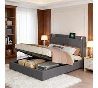 KRYZOR Lit capitonné, 140 x 200 cm, avec coffre de lit, hydraulique, avec LED et USB, avec espace de rangement caché dans la tête de lit, cadre de lit moderne avec sommier à lattes, gris B, pas de