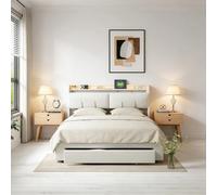 KRYZOR Lit capitonné, 140 x 200 cm, avec coffre de lit, hydraulique, avec LED et USB, avec espace de rangement caché dans la tête de lit, cadre de lit moderne avec sommier à lattes, beige D, 160 x 200