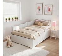 KRYZOR Lit capitonné, 90 x 200 cm, avec espace de rangement, petit, fonction lit, avec tête de lit LED, sommier à lattes, lit simple, pour adolescents et filles, velours Teddy (blanc (B)