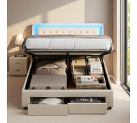 KRYZOR Lit Coffre 140 x 190 avec LED, Lit Double rembourré avec 2 tiroirs, Lits 2 Personnes, Cadre de Lits avec sommier à Lattes, pour Adultes et Adolescents, Velours (140x190 cm)