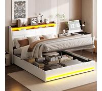 KRYZOR Lit Coffre 160x200cm, Lit Double rembourré avec Tete de lit LED et Espace de Rangement, Sommier à Lattes, Lits 2 Personnes pour Adulte, PU (Blanc, 160x200 cm)