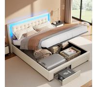 KRYZOR Lit Coffre 180 x 200 avec LED, Lit Double rembourré avec 2 tiroirs, Lits 2 Personnes, Cadre de Lits avec sommier à Lattes, pour Adultes et Adolescents, Velours (180x200 cm)