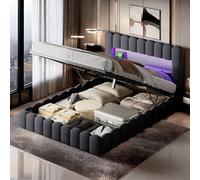 KRYZOR Lit double rembourré, 140 x 200 cm, avec tiroirs et espace de rangement, avec USB et LED, cadre de lit avec sommier à lattes, sans matelas, lin, beige (gris, 140 x 200 cm)