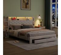 KRYZOR Lit double rembourré, 140 x 200 cm, espace de rangement avec LED et USB, 2 tiroirs, tête de lit avec compartiment de rangement, cadre de lit avec sommier à lattes, lit fonctionnel, en velours