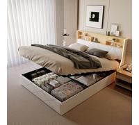 KRYZOR Lit double rembourré, 160 x 200 cm, avec espace de rangement, hydraulique, léger, USB /type C, tête de lit avec compartiment de rangement, pour adolescent, avec sommier à lattes, en