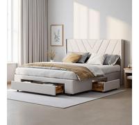 KRYZOR Lit double rembourré, 160 x 200 cm, avec espace de rangement, tiroirs, tête de lit rembourrée, sommier à lattes, sans matelas, beige, lin, 160 x 200 cm