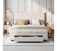 KRYZOR Lit double rembourré, 160 x 200 cm, espace de rangement, avec tête de lit rembourrée, sommier à lattes, sans matelas, beige, lin, beige, 140 x 200 cm