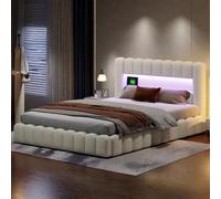 KRYZOR Lit double rembourré, 180 x 200 cm, avec coffre de lit, sommier à lattes et dossier doux, tête de lit, avec LED et USB, pour adolescent, en lin, beige (beige, 180 x 200 cm)