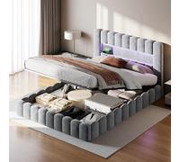 KRYZOR Lit double rembourré, 180 x 200 cm, avec coffre de lit, sommier à lattes et dossier doux, tête de lit, avec LED et USB, pour adolescents, en velours, beige (gris clair, 180 x 200 cm)