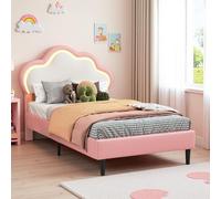 KRYZOR Lit Fille 90x200 avec sommier, Lit Simple capitonné 90x200 avec Éclairage LED, Motif Princesse, Lits Fille avec Tête de Lits rembourrée réglable, Lits Simple rembourré (Rose/a, 90x200cm)
