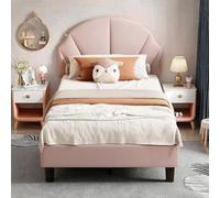 KRYZOR Lit pour enfant rembourré, 90 x 200 cm, avec 2 tiroirs de rangement, lit simple, extensible, avec tête de lit LED et USB, avec sommier à lattes, en lin, rose, 90 x 200 cm