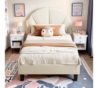 KRYZOR Lit pour enfant rembourré, 90 x 200 cm, avec 2 tiroirs de rangement, lit simple, extensible, avec tête de lit LED et USB, lit gigogne avec sommier à lattes, en lin, beige, 90 x 200 cm