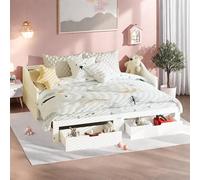 KRYZOR Lit pour enfant rembourré, 90 x 200 cm, avec 2 tiroirs de rangement, lit simple, extensible, avec tête de lit LED et USB, lit gigogne avec sommier à lattes, en lin (blanc (a) 90 x 200 cm