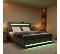 KRYZOR Lit rembourré 140 x 200 cm avec Port USB + Type-C, Lit Coffre 140 x200 à LED, Lits Hydraulique avec Espace de Rangement et tête de Lits rembourrée, sommier à Lattes, Lin Gris