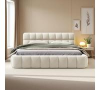 KRYZOR Lit rembourré 140 x 200 cm avec rangement, lit double, plomberie avec sommier à lattes et cadre en métal, sans matelas, lin (Beige/A, 140 x 200 cm)