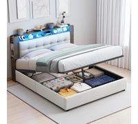 KRYZOR Lit rembourré 140 x 200cm, Lit Double Coffre avec éclairage LED et Multiprise, Tête de Lits de Rangement, Lits 140 x 200 avec Sommier, pour Adolescent, Adulte (140x200)
