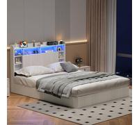 KRYZOR Lit rembourré 160 x 200 cm avec coffre de lit, lit de rangement hydraulique avec LED et USB, lit pour adolescent avec espace de rangement caché dans la tête de lit, cadre de lit moderne avec