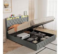 KRYZOR Lit rembourré 160 x 200 cm gris avec capteur LED et système | Tête de lit en nuage, détecteur de mouvement LED, coffre de lit avec vérin à gaz, sommier à lattes, housse en tissu doux et
