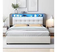 KRYZOR Lit rembourré 160 x 200cm, Lit Double Coffre avec éclairage LED et Multiprise, Tête de Lits de Rangement, Lits 160 x 200 avec Sommier, pour Adolescent, Adulte (160x200)