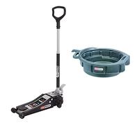 KS Tools 161.0367 - Cris Extra Plat - Cric Hydraulique Extra Bas en Acier - Cric Rouleur avec 2 Roues Directionnelles - Argent et Noir & Bac de récupération en matière Plastique pour huiles 17 L