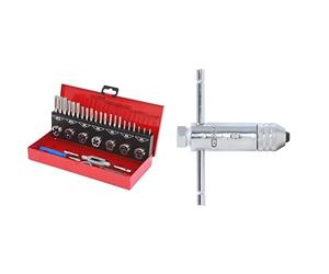 KS Tools 331.0632 Coffret De Jeux De Tarauds Et Filières -Avec Mallette De Rangement Rouge En Acier Anti Rouille - Outtilage Mecanique Auto 32 Pièces & 331.0665 Porte taraud réversible à cliquet M5-12