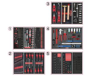 KS Tools 714.0283 - Composition d'outils de service rapide 5 tiroirs pour servante - Empreinte des outils découpée au laser - Résistant aux huiles et produits chimiques - Mousse imputrescible - 283 pièces