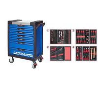 KS Tools 804.7241 - Servante d'atelier 7 tiroirs - Gamme ULTIMATE® - Système de fermeture centralisé par serrure - 4 roues robustes - Equipée de 241 outils - Couleur Bleue