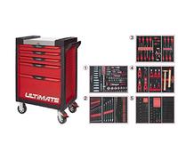 KS Tools - 809.5380 - Servante d'atelier complète ULTIMATE 5 tiroirs equipée de 384 outils - caisse à outils complète - couleur rouge - plateau inox -porte flacons