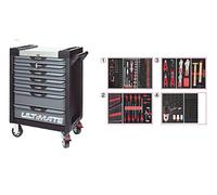 KS Tools - 816.7263 - Servante d'atelier complète ULTIMATE 7 tiroirs equipée de 263 outils - caisse à outils complète - Couleur noir et grise - plateau inox - porte flacons