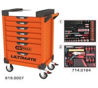 KS TOOLS - 819.7184 - Servante ULTIMATE Orange 7 Tiroirs Équipée de 184 Outils - Ouverture Individuelle et Totale - Plan de Travail en Inox - Système de Fermeture Centralisée