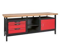 KS TOOLS - 865.0210 - Etabli Professionnel d'atelier 1 Porte et 3 tiroirs, 2 m - Plateau Bois - Adapté pour modules d'outils - Verrouillage à Serrure - Charge Max. 400 kg - Pratique et Fonctionnel