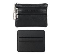 KSBBHDS 1 mini portefeuille en cuir avec 1 porte-badge en cuir, portefeuille multicouche avec fermeture éclair, porte-clé, porte-monnaie portable, petit portefeuille (noir), Noir , 12*9*1cm, Moderne