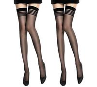 KSBBHDS Lot de 2 chaussettes noires, chaussettes longues rayées, bas rayés noirs, chaussettes longues sans bretelles, bas transparents, bas rayés pour femme, Noir , taille unique