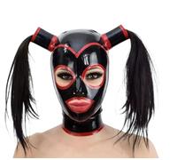 KSDEQM Sexy Latex Fetisch Motorhaube Maske Öffnen Die Augen Mund Mit Haarteilperücke Rücken Reißverschluss,Schwarz+rot,XXL