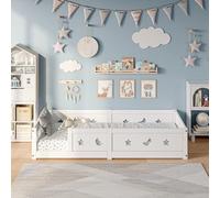 KSFASHZ Lit Au Sol Enfant 140×200 Blanc avec Barrière, Lit Enfant avec Barriere de Sécurité, Lits SimpleEnfant Bois avec SommierLit Fille Princesse et LitEnfant Garcon