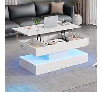 KSFASHZ Table Basse Salon Relevable Blanche, Table Basse LED avec Plateau Relevable, Tables Basses de SalonTable de SalonRelevable ExtensibleTable BasseSalon Relevable avec Rangement