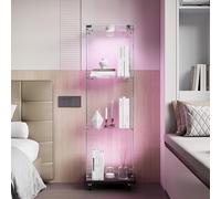 KSFASHZ Vitrine en verre avec LED et 4 roues, vitrines en verre, 3 étagères, 1 porte, vitrine en verre avec LEDVetrinetta exposition à colonne vitrine salon transparent, noir, 35 x 39,8 x 123,3 cm