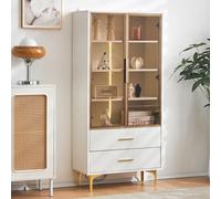 KSFASHZ Vitrine en verre avec lumière LED - Sur pied - Avec 2 portes en verre et 2 tiroirs - 70 x 35 x 150 cm - Blanc - Avec pieds et poignées dorés